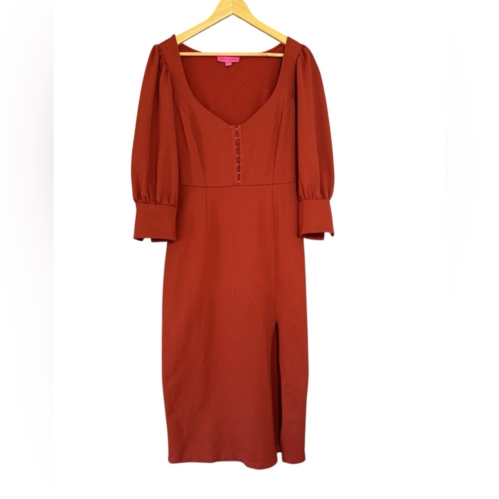 Betsey Johnson Womens Side Slit
Long Maxi Dress Burnt Orange Puff Sleeve LARGE